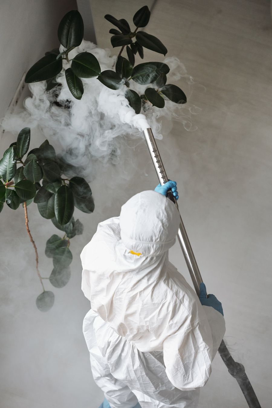 A pest control professional fumigating a home.